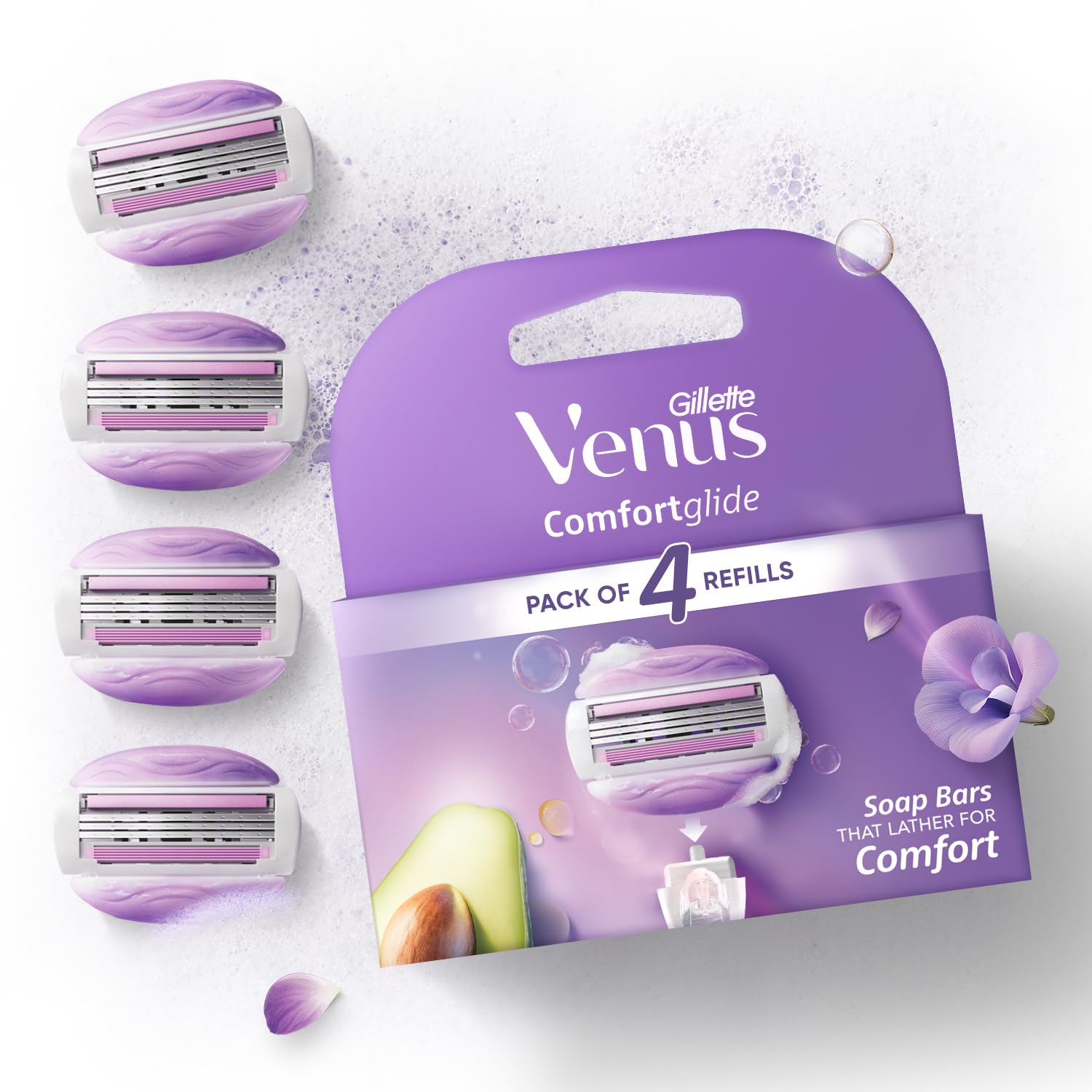 Gillette Venus Comfortglide Hair Removal Razor Blades | Refills | Cartridges | 4 Pcs | for Women | (Avocado Oils & Freesia scent soap gel bars)