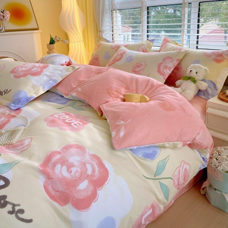 Thickened Pure Abraded Four-piece Set, Single Double Skin-friendly Twill Bed Sheet, Quilt Cover, Dormitory Three-piece Set, Bedding