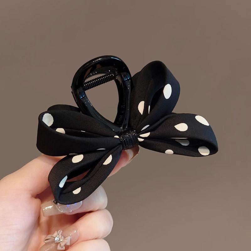 Korean Retro Polka Dot Black and White Bow Claw Clip
