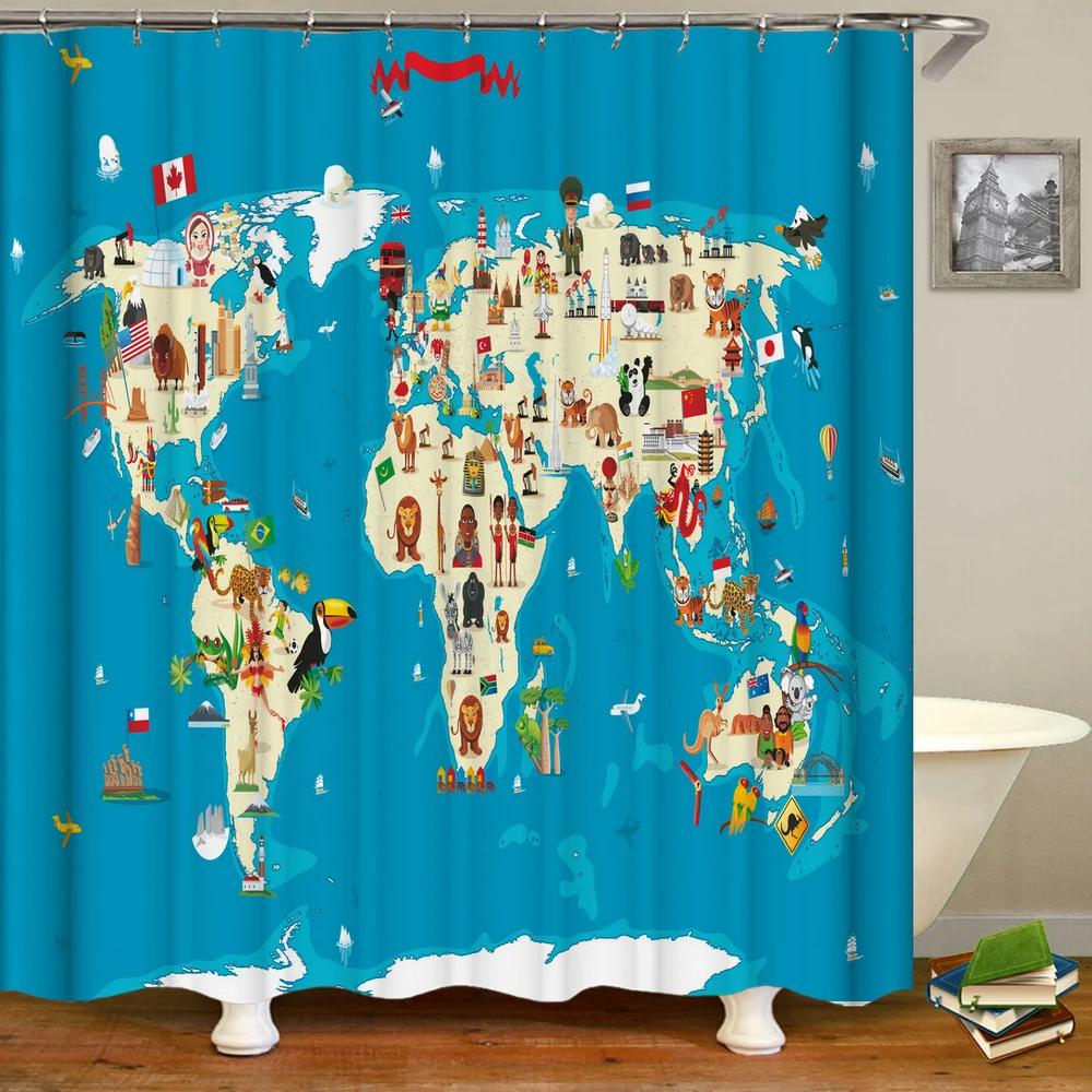 3d Cartoon Animals Map Bathroom Curtains Shower Curtains Print Waterproof With Hooks Cute Children Decor Washable Fabric Screen