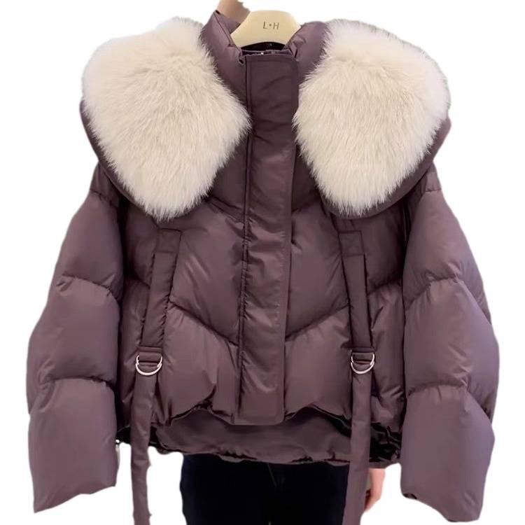 2025 Winter European Black Cotton Jacket for Women, Small Height, New Fashion, Large Fur Collar, Short Padded Outerwear