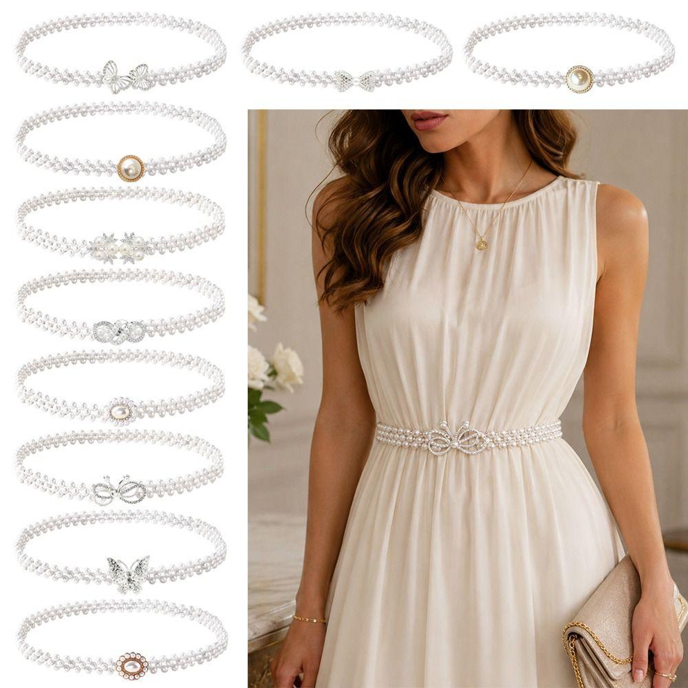 Thin Narrow Style Pearl Waist Chain Pearl Beads Rhinestone Decor Strap Dress Matching Decor