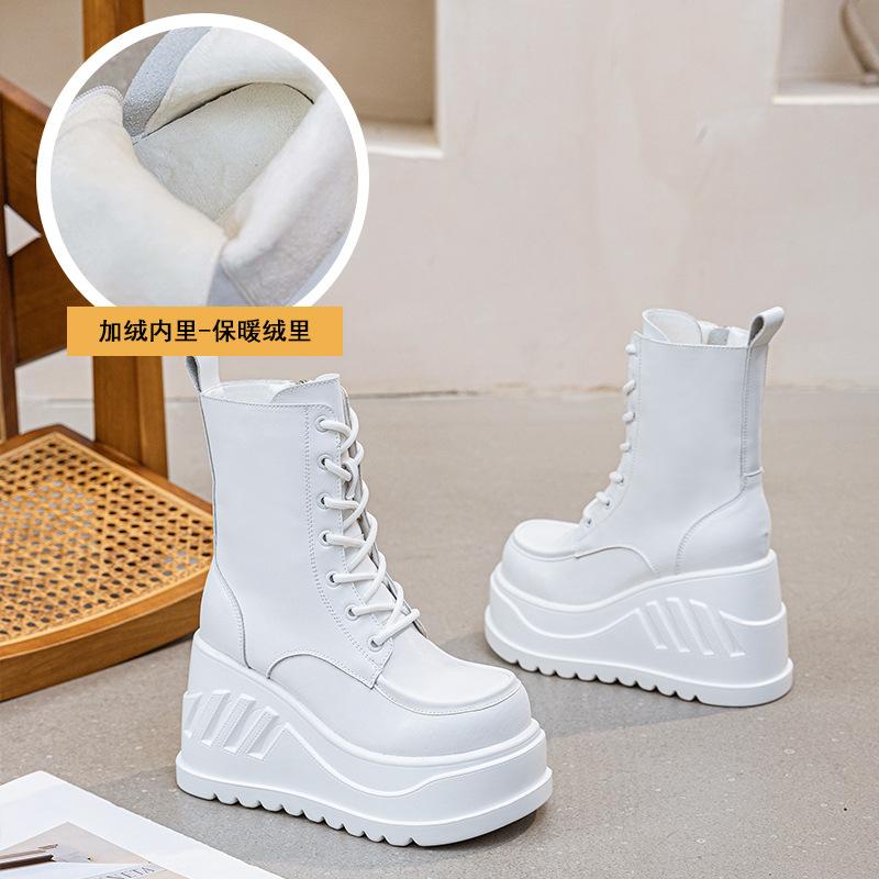 Fashion 10CM Genuine Lather Women Platform Boots British Style Chunky Heel Mid-calf Ladies Boots Autumn White Plush Goth Women Shoes