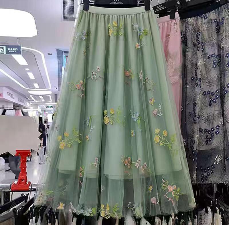 Embroidered Floral Mesh High-Waist A-Line Mid-Length Skirt for Women