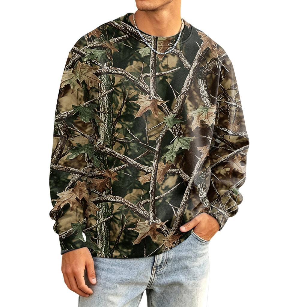 Men's Casual Long Sleeve Camouflage Print Round Neck T-Shirt Loose Fit for Everyday Wear