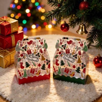 10 Stück Weihnachten Transparente Geschenkboxen mit Griffen, Party Geschenkverpackungsboxen, Leere Geschenkboxen bedruckt mit „Frohe Weihnachten“