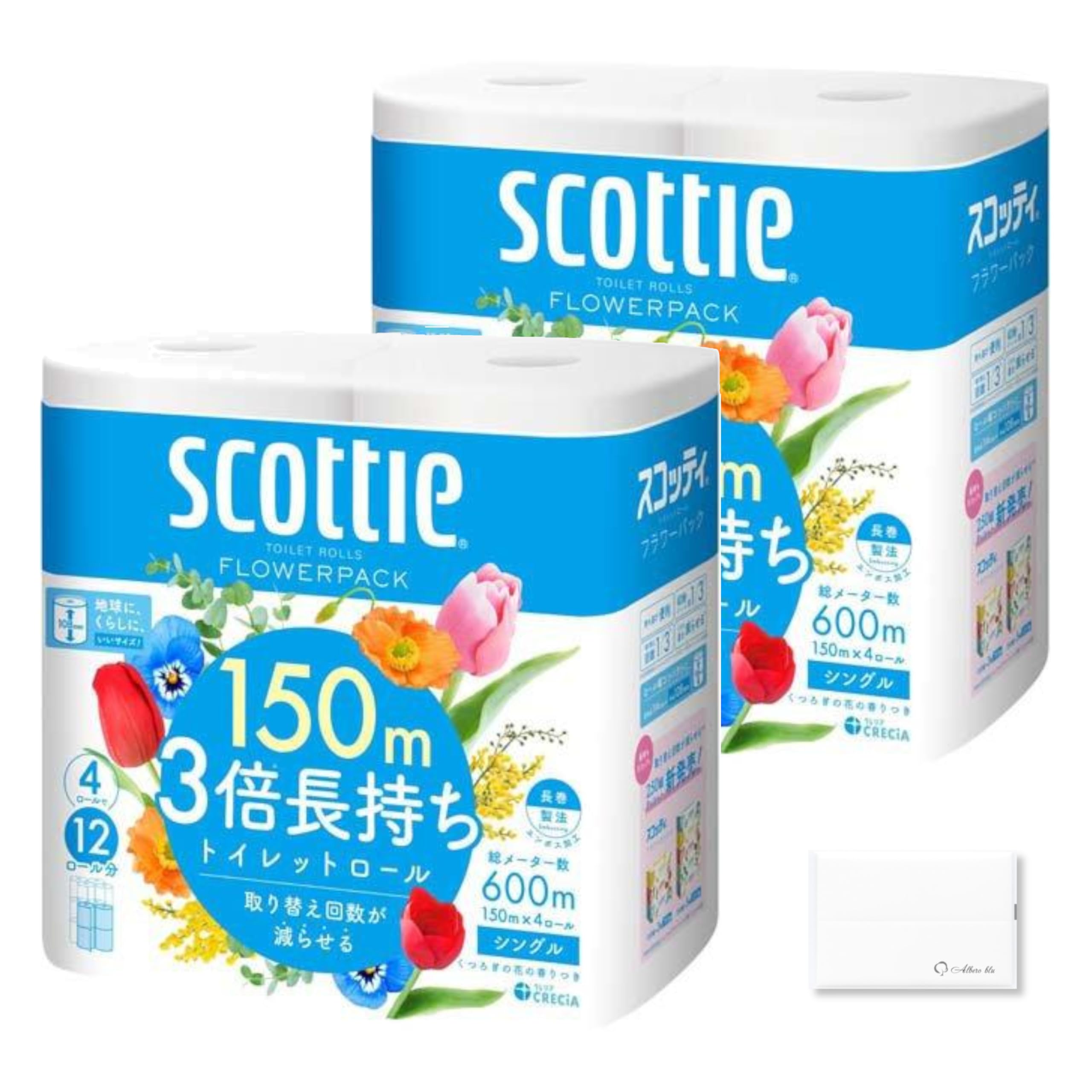 Scottie Toilet Paper Flower 3x Longer Single x 4 Rolls x 2 with Original Scottie Bulk Purchase Pack, Lasting, (150m Bags) Tissues,