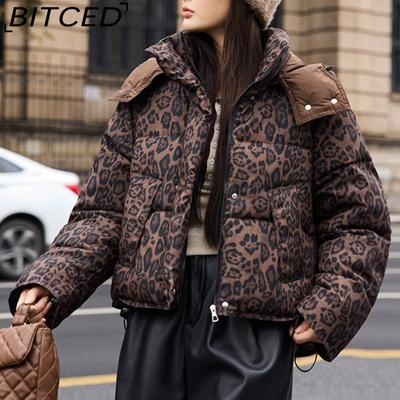 Short-Length Leopard Print Cotton Jacket for Women with Hood Minimalist Fashion Design, Oversized Fit, Unique Style Cotton Coat