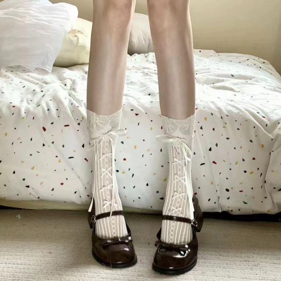 Ballet-Style Girlish Lace Socks | Calf Ribbon Bowknot Hollow White Mesh Non-Slip Slouch Socks