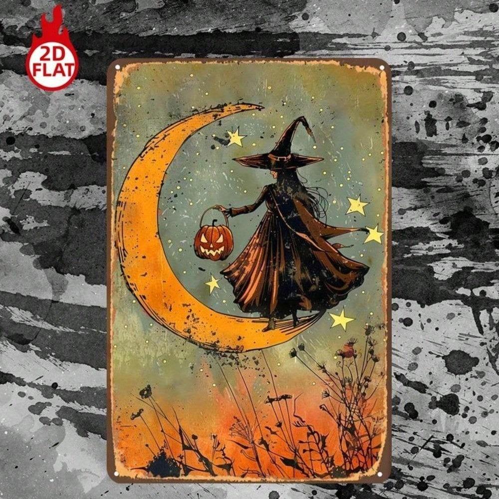 1pc Witch On Crescent Moon Pumpkin Lantern Metal Sign 8x12 Inch 2D Flat Wall Decor For Home Bar G
