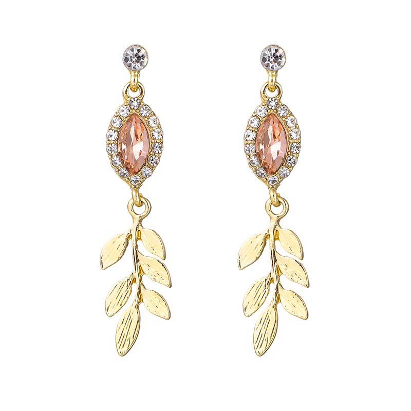 Elegant Rhinestone Crystal Leaf Stud Earrings Metal