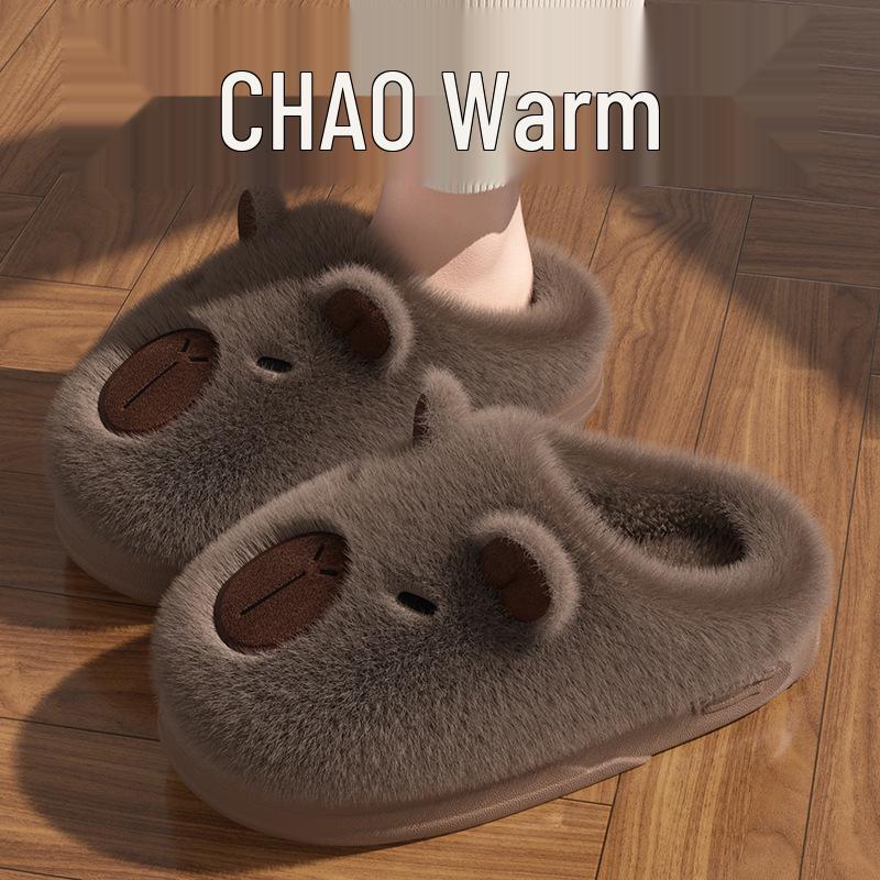 Damskie Kapibara Pluszowe Bawełniane Kapcie na Grubej Podeszwie - Antypoślizgowe, Ciepłe, z Zakrytymi Palcami Obuwie Zimowe do Wewnątrz/Na Zewnątrz