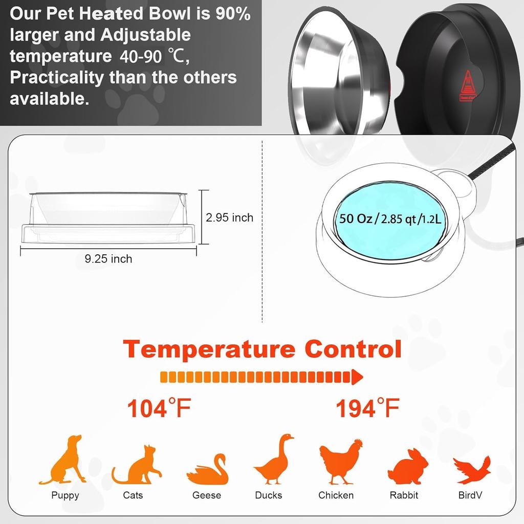 Heated Water Bowl for Outdoor Dogs Cats, 100W Heated Dog Bowls, Adjustable Temperature Heated Pets Water Dish with Removable Stainless Steel Bow for