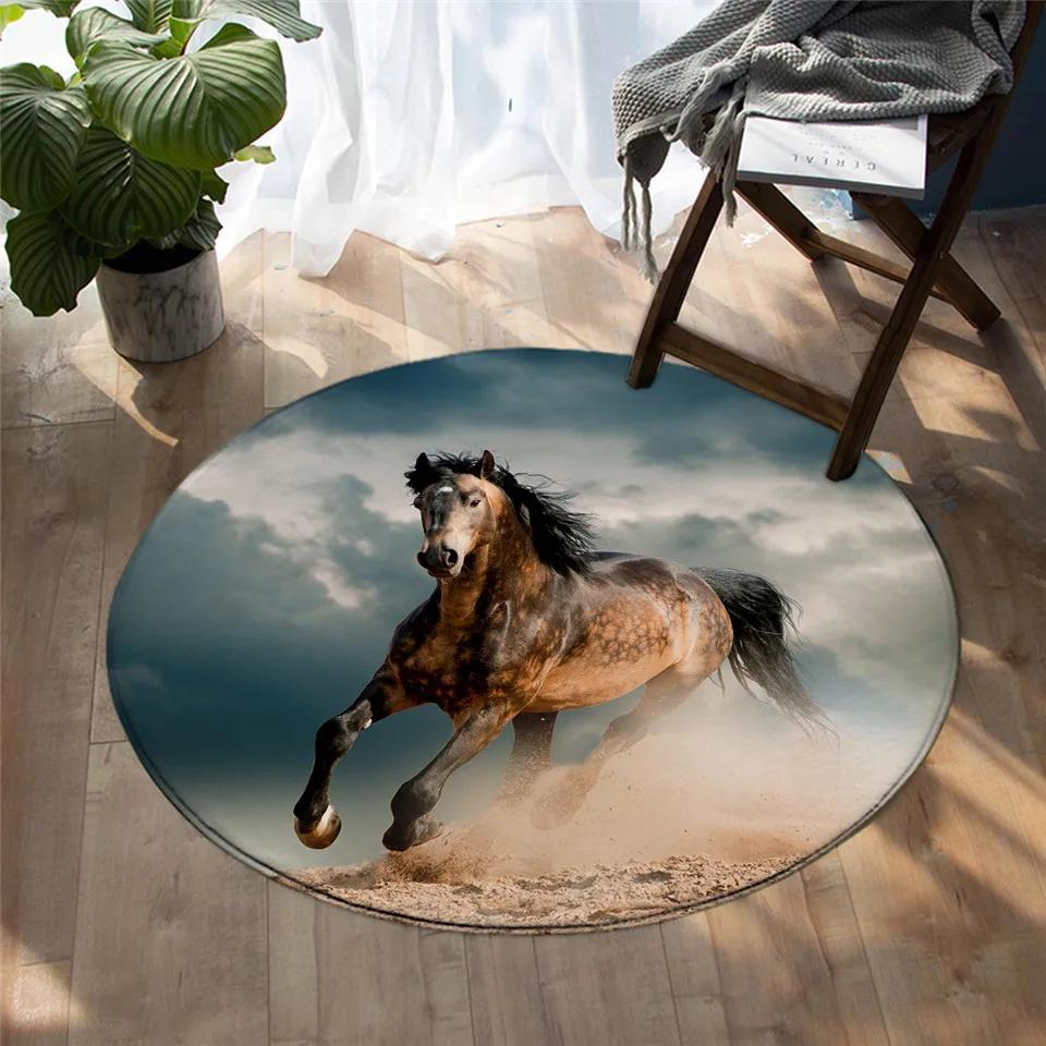 3D Running Horses Round Carpet Non-slip Mat Luxury Wild Horse Area Rug for Game Room Bedroom Decoration