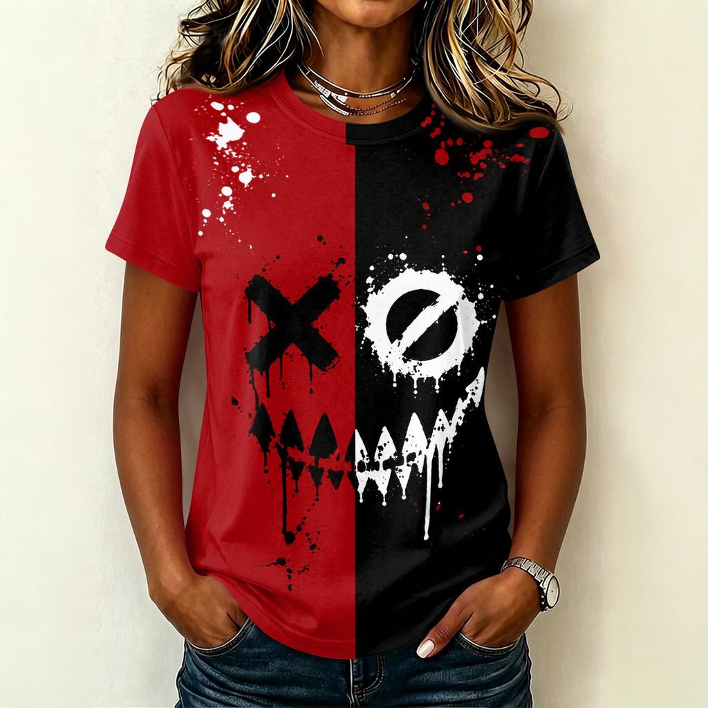 Women's Short Sleeve Round Neck T-Shirt with Halloween Print Pullover Casual Top for Party