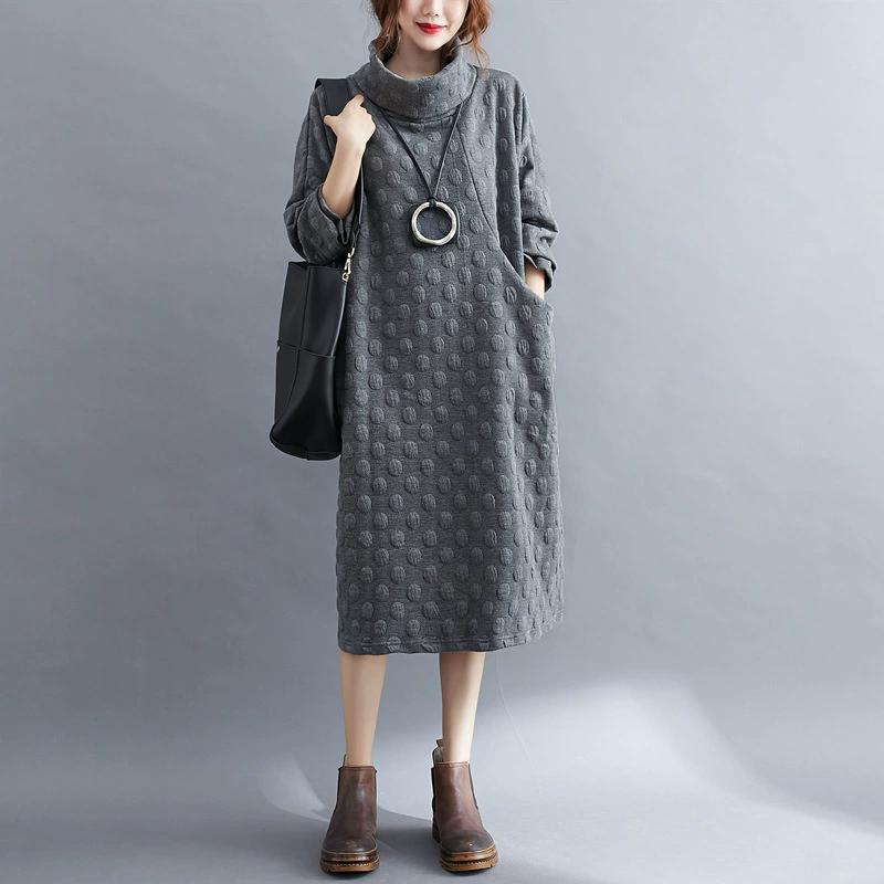 Women Oversized Dress Turtleneck Long Sleeve Polka Dot Dress Casual Solid Color Pocket Maxi Dress