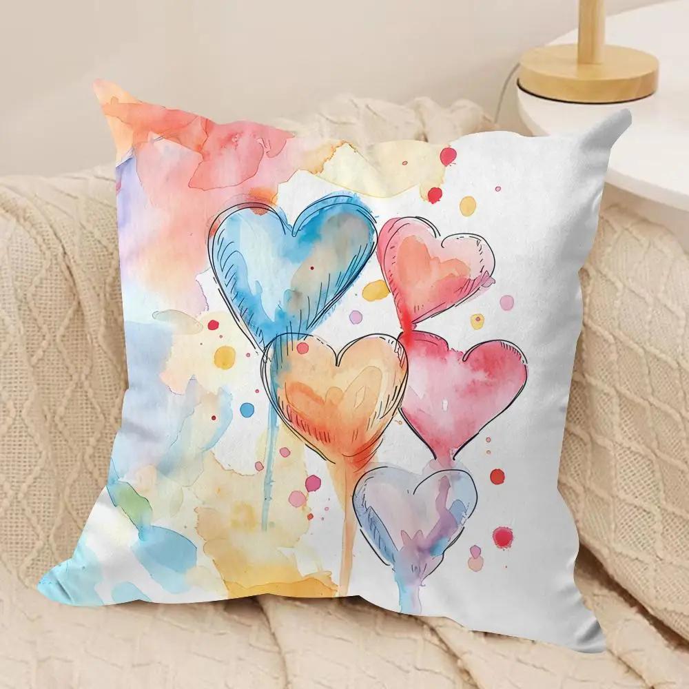 Heart Valentines Day Cushion Cover Silky Short Plush Invisible Zipper Dustproof Sofa Pillow Case for Home Decor