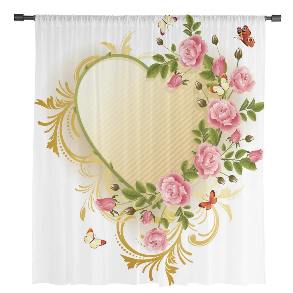 Love Pink Rose Butterfly Sheer Curtains for Bedroom Living Room Voile Window Curtains Tulle Curtains for Kids Room