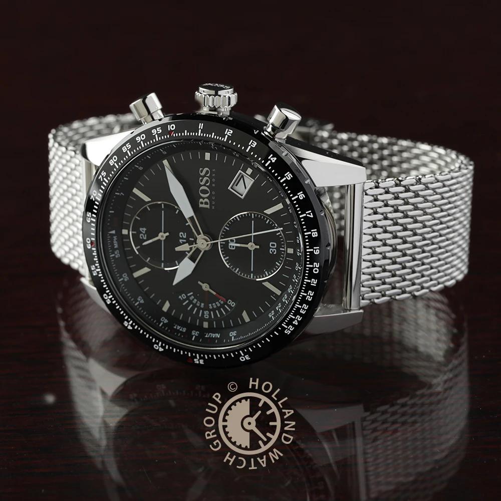 BOSS Pilot Edition Black Dial Silver Stainless Steel Mesh Bracelet Men's Quartz Watch 1513886