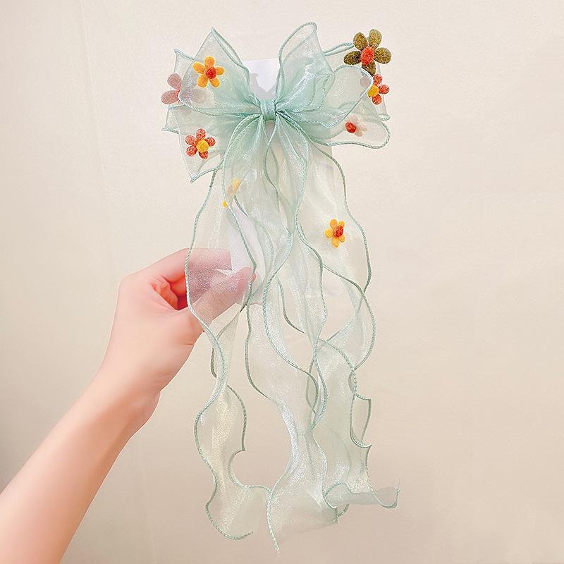 

Girl Children Long Ribbon Fairy Cute Hairpin Fashion Accessories Korean Spring Summer Color Flower Organza Large Hair Clips