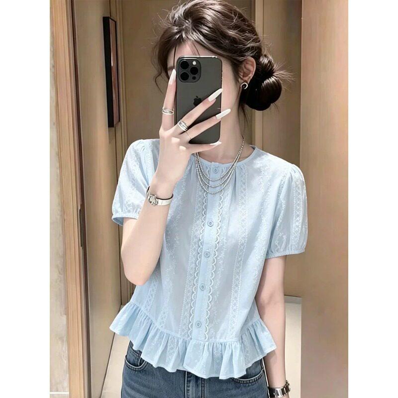 Mori Crew Neck White Short-sleeved Shirt Women's Summer Belly Cover Design Lace Lace Temperament Top A