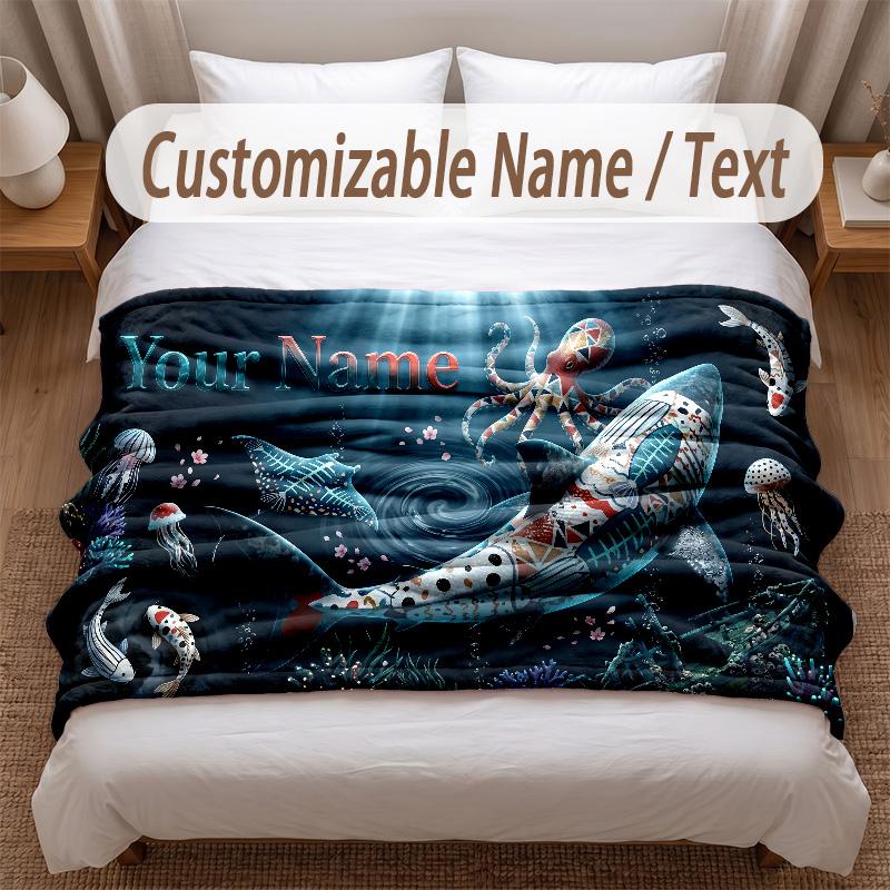 Fish Ocean Theme Soft Blanket Personalized Custom Name Text Print Warm Blanket Home Sofa Bedroom Decor