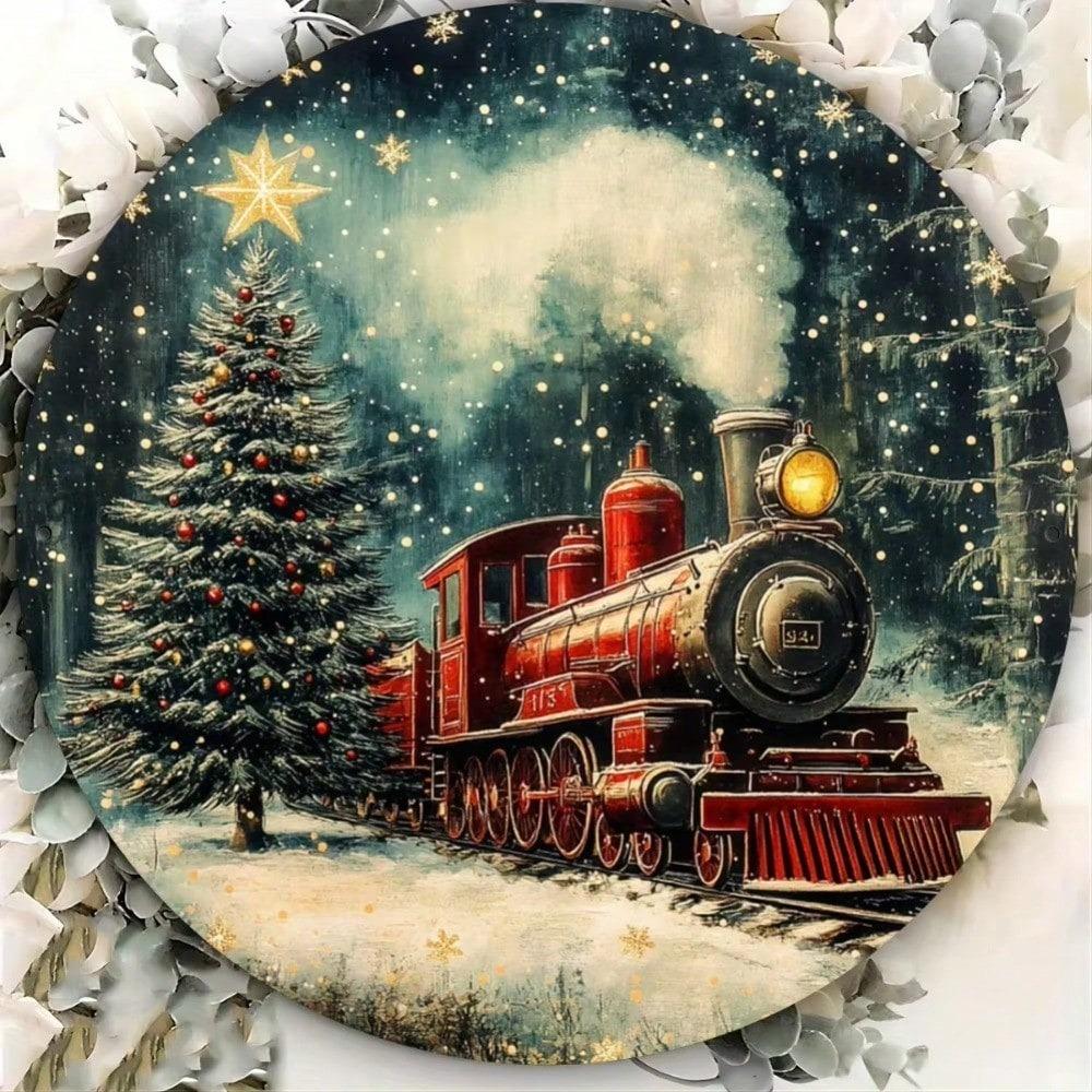 Metal Tin Sign Vintage Christmas Tree Train Wall Art Home Kitchen Decor