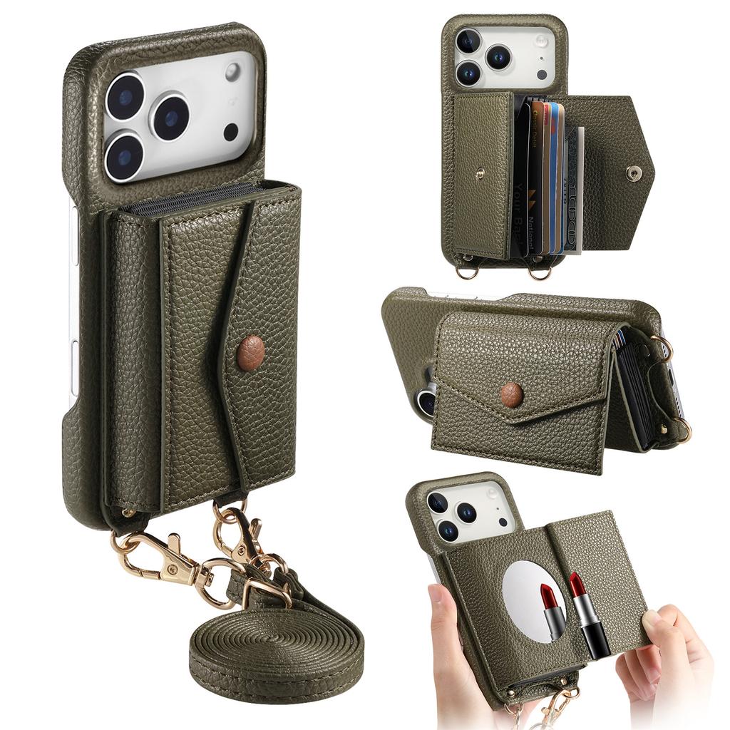 For iPhone 17 Pro Max Case Card Holder Kickstand PU Leather + PC Phone Cover with Mirror and Crossbody Lanyard