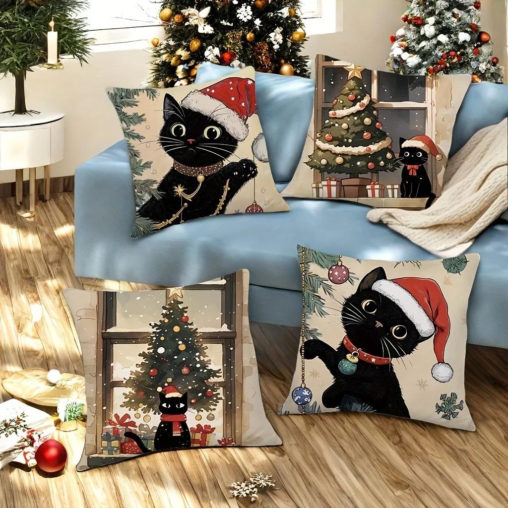 1Pc Charming Christmas Black Cat Pillowcases: Festive Decor For Your Home Sofa Room Cushion Cover Home Decoration New Year Gift