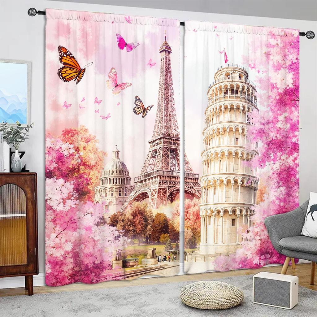 2-Panels Fans Sakura Paris Tower Curtains   Versatile Design Suitable for Any Style   Creating a Peaceful Living Space