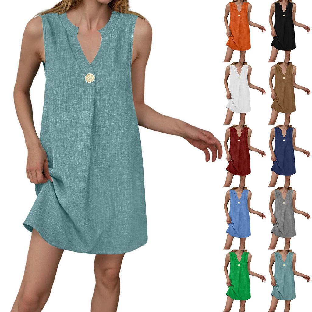 Vestido Mini de Lino sin Mangas con Cuello en V y Botones Estilo Holgado para Mujer Ropa Casual