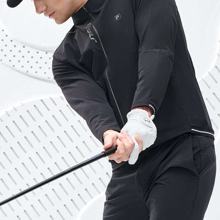 FILA Athletics Golf Outdoor Sports Stand Collar Logo Solid Color Knitted Long Sleeve Jacket Men jackets Deep-Black A11M235504F-BK