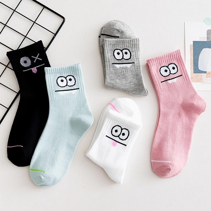 5 Pairs of Women's Kawaii Medium Tube Ankle Socks with Cute Expression Prints for Spring and Autumn