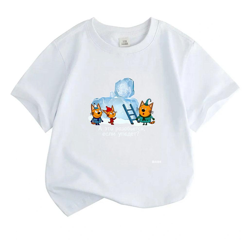 Kids Boys Girls 100% Cotton Crew Neck Short Sleeve T-Shirt, Cute Cartoon Cats Ice Block Printed Casual Soft Summer Tee for Children Daily Wear