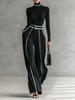 Autumn New Style Elegant Stand Collar Color Block Trim Waist Slim Fit Long Sleeve Knit + Wide Leg Pants Two Piece Set