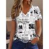 Tricou elegant și la modă pentru vacanță, pictură alb-negru contrastantă, ziar vechi, decolteu în V, cu mânecă scurtă, pentru femei, în 3D