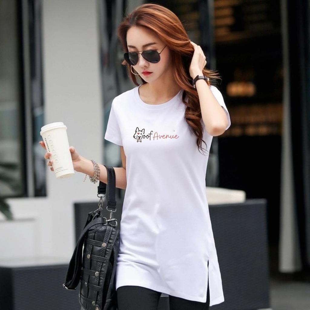 Nowa Bawełniana Koszulka, Krótki Rękaw, Średniej Długości, Z Nadrukiem, Biała Letnia Koszulka, Zakrywająca Brzuch i Biodra