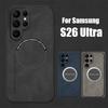 Business Sheepskin Leather Phone Case for Samsung Galaxy S26 Ultra S25 Edge S24 Plus Car Mount Magnetic Holder Camera Protect Shockproof Cover