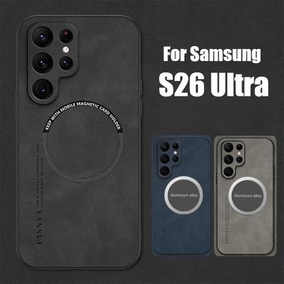 Business Sheepskin Leather Phone Case for Samsung Galaxy S26 Ultra S25 Edge S24 Plus Car Mount Magnetic Holder Camera Protect Shockproof Cover