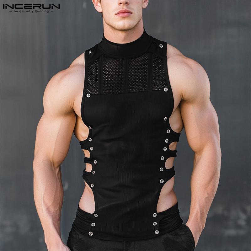 

INCERUN Men Summer Sleeveless Patchwork Hollow Out Bandage Fitted Tank Tops