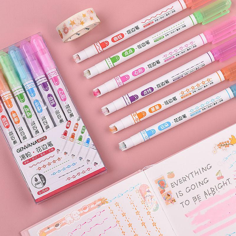 6pcs Wave Line Art Marker Pens Set Multi Color Love Star Cloud Point Liner Highlighter for Drawing Diary School