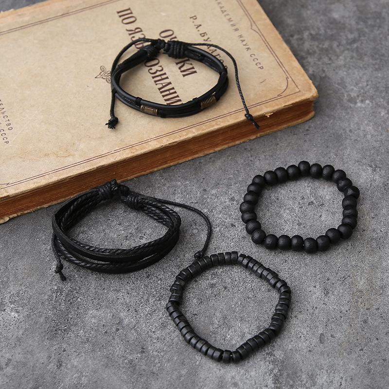 

Европейско-американский ретро плетеный кожаный браслет: Многослойный минималистичный мужской браслет из бусин чёрный