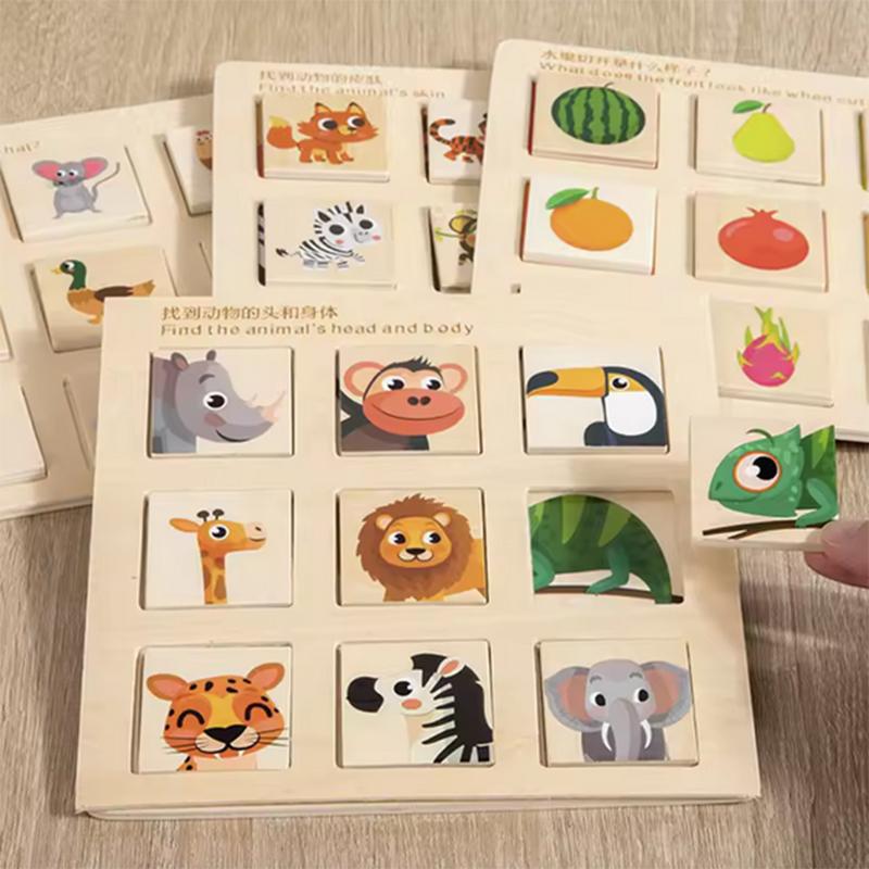 Wooden Logical Thinking Matching Puzzle Cognitive Board Montessori Teaching Aid Fruit Animal Pairing Board Educational Toys