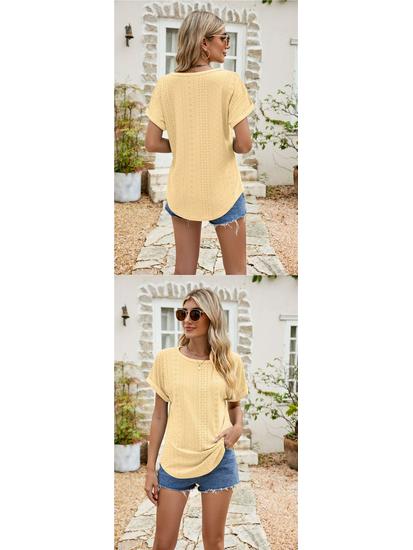 Women's Eyelet Summer Round Neck Short Sleeve Casual T-shirt