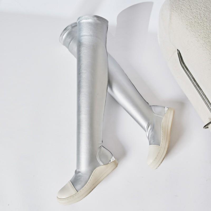 Womens Over-the-Knee Stretch Boots Size 44 Wide Fit Flat Heel PU Leather Round Toe Warm All-Season