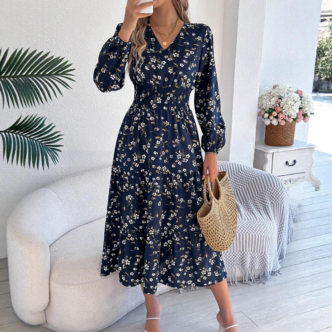 

QICED Элегантный V-образный вырез, Длинные рукава, Приталенный силуэт, Юбка А-силуэта с оборками Женская одежда для осени и зимы XL тёмно-синий