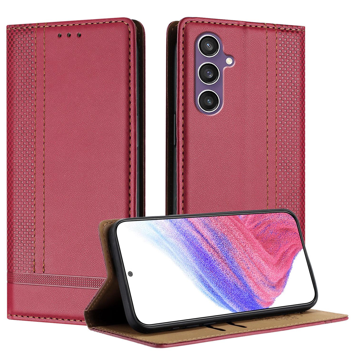 

For Samsung Galaxy S23 FE Case L-Shaped Grid Pattern Leather Stand Phone Cover with Card Slots Red
