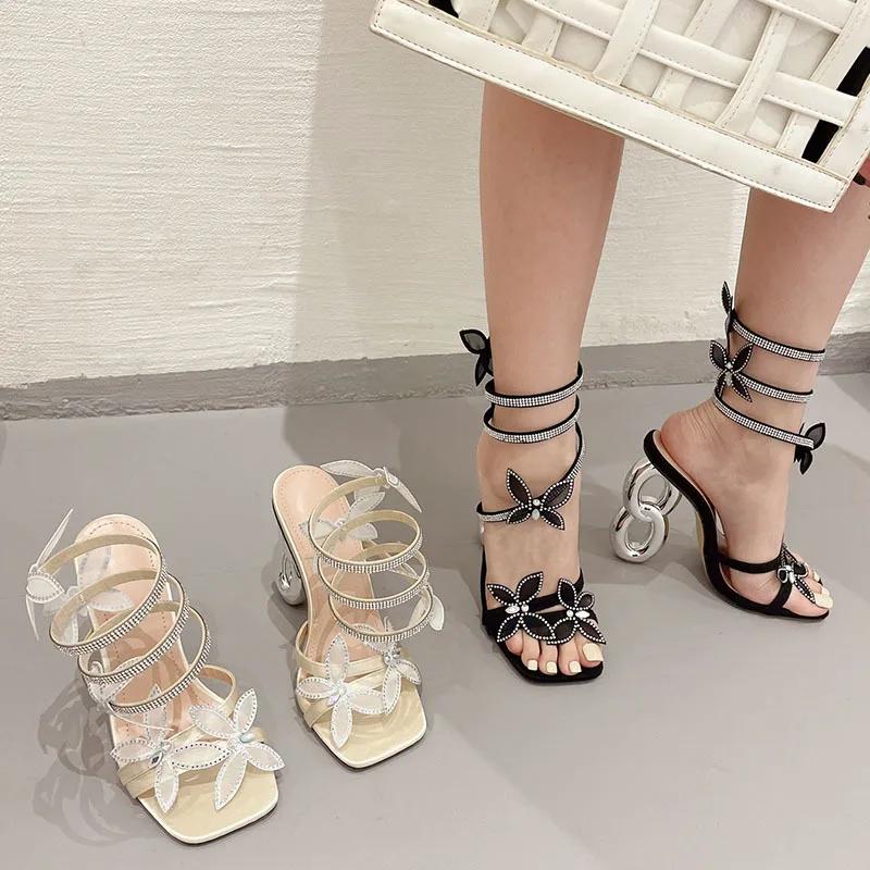 Ladies Serpentine Winding Belt Roman New Rhinestone Butterfly Special-shaped Heel Super High Heel Sandals