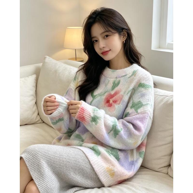 2026 Autumn Women Colorful Sweaters Knitting Basic Fashion O-Neck Style Loose Pullover Sweater
