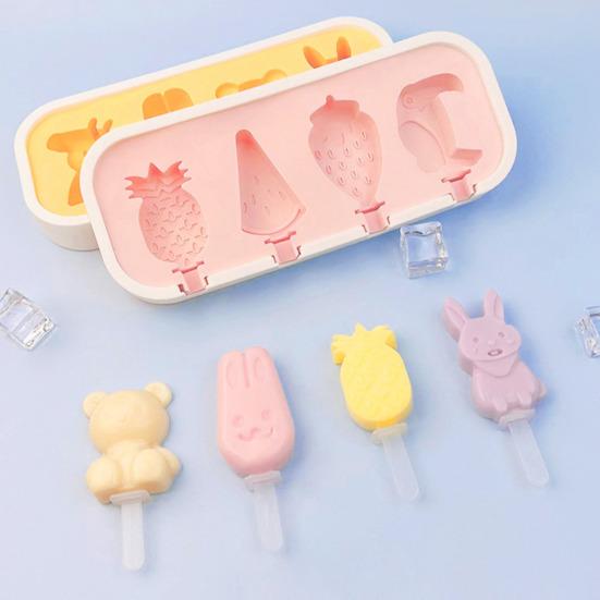 Silicone Ice Cream Mold with Anti-Spill Dust-Proof Cover 4 Cavities Cute Shapes Popsicle Mold Easy Demoulding Popsicle Maker for Kids Summer Party